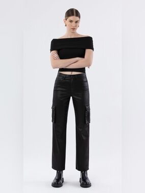 Coated Denim Black Cargo Pants